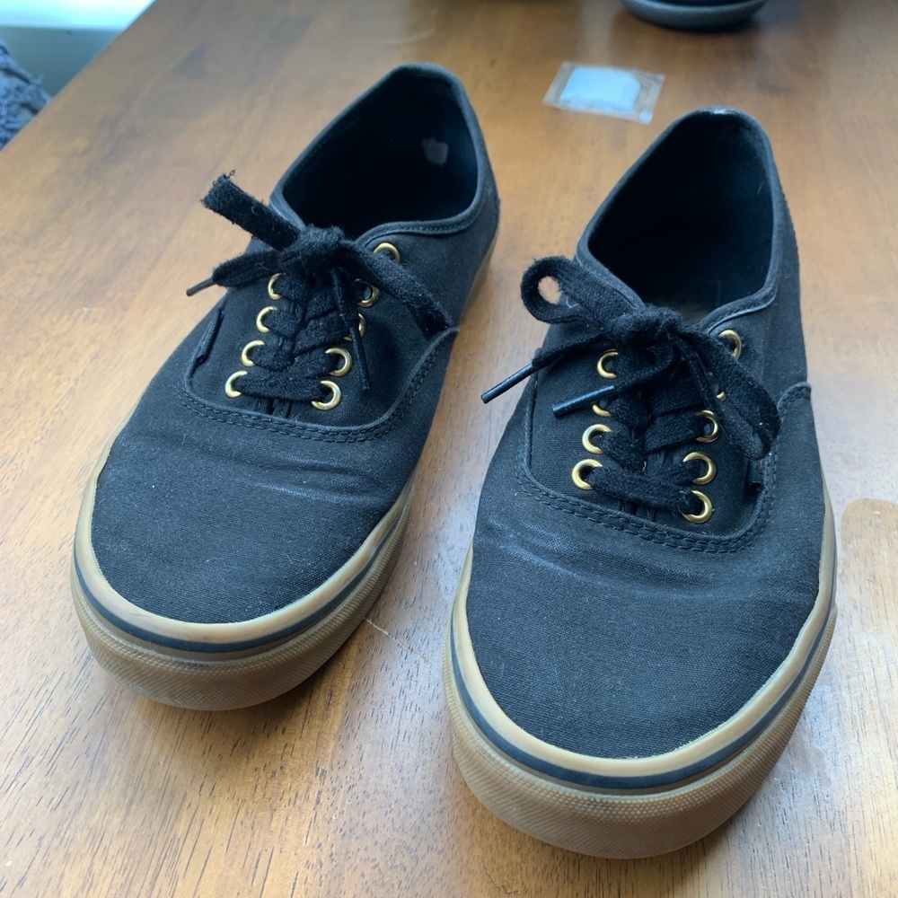 Black Vans Authentics with rubber soles and Gold Eyelets- men’s 10